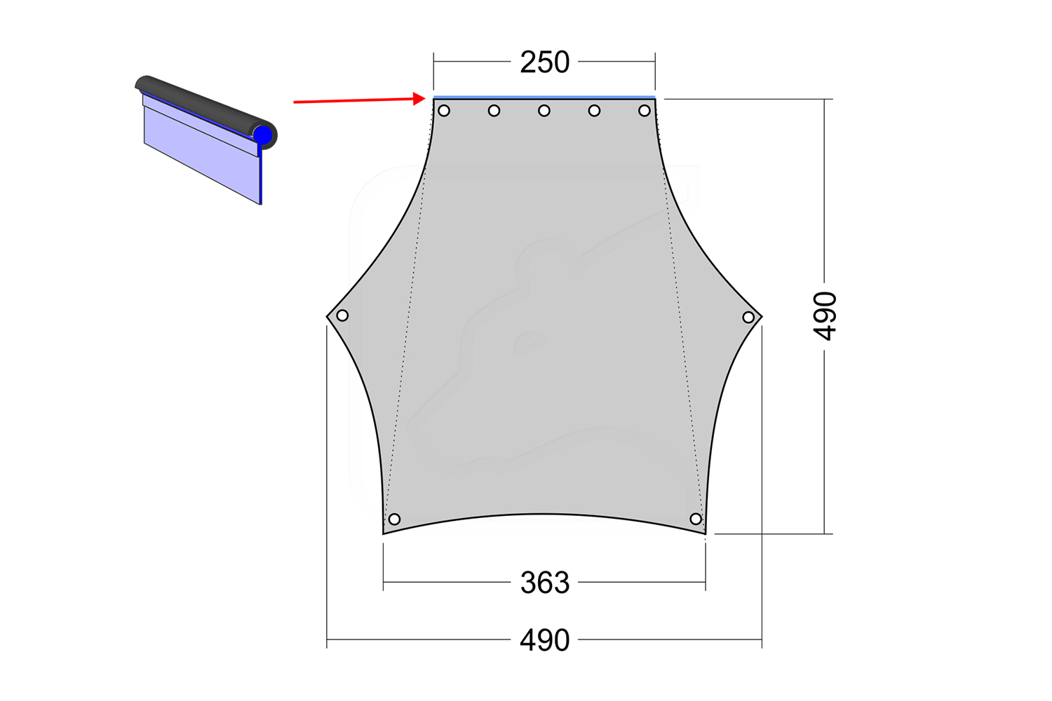 Maßzeichnung Nakatanenga Roof Lodge Tarp 250 x 490 cm