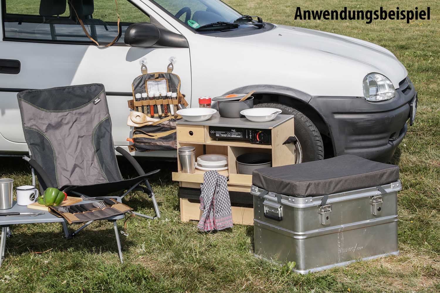 Anwendungsbeispiel, Sitzauflage Alubox, Camping, outdoor Anwendungsbeispiel, Sitzauflage Alubox, Camping, outdoor