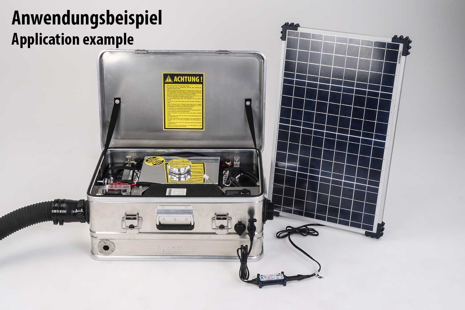Heizbox, Anwendungsbeispiel mit angeschlossenem Solarladegerät Heizbox, Anwendungsbeispiel mit angeschlossenem Solarladegerät
