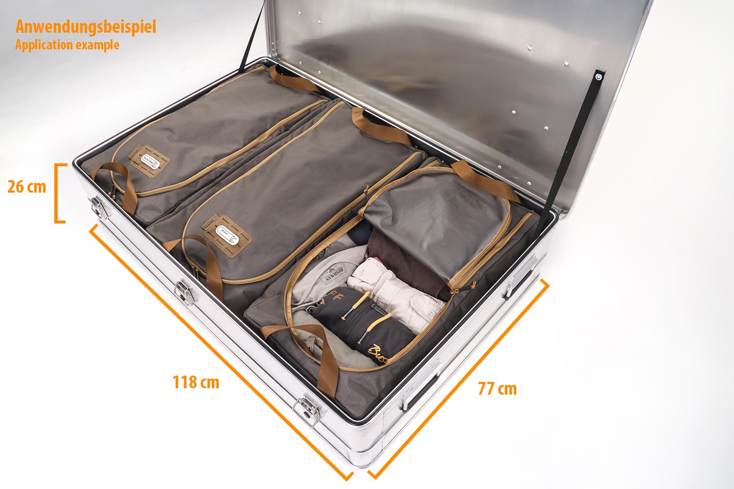Anwendungsbeispiel, Alubox S198 befüllt mit 3 Inlay-Taschen Anwendungsbeispiel, Alubox S198 befüllt mit 3 Inlay-Taschen